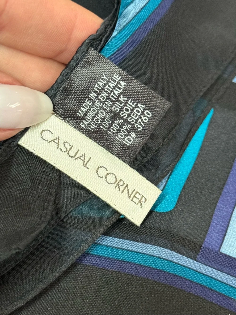 Casual Corner Blue Black Geometric Silk Scarf Retro Mod Print